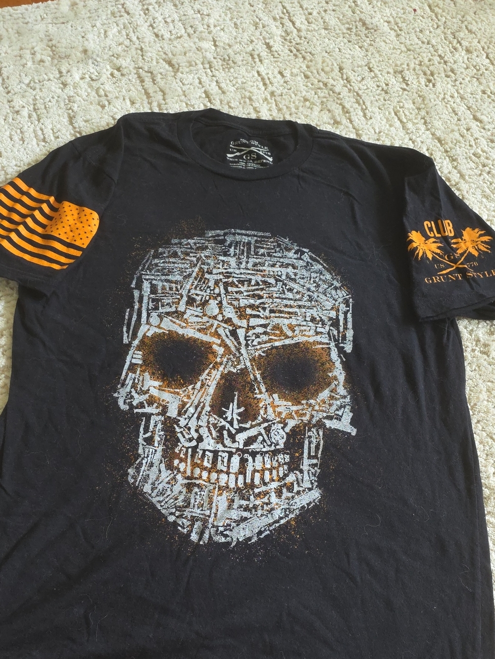Grunt Style Black Graphic Skull Tee with Orange Accents - Men's Shirt